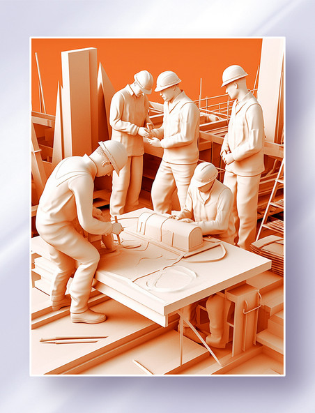 雕塑风建筑工地上忙碌的工人们劳动节插画五一劳动节