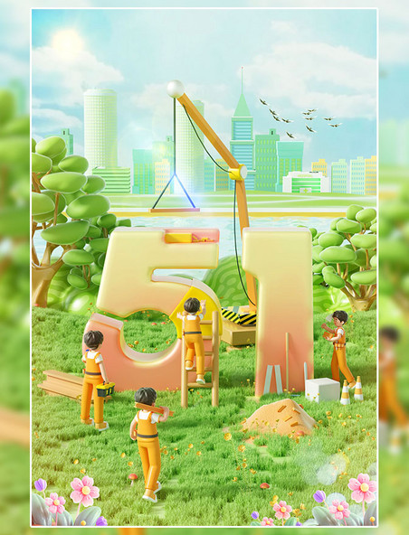 51劳动节3D立体城市建筑工人场景海报