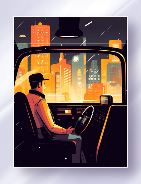 夜晚的城市街头司机师傅在认真工作场景插画