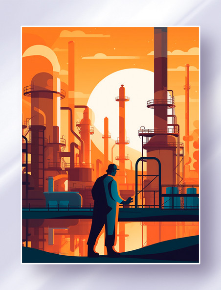 橙色场景插画夕阳下站在化工厂前面的工人工程师五一劳动节