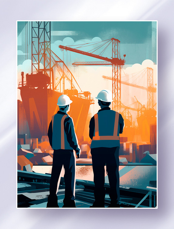 戴着安全帽的两位工人工程师在码头监督造船厂施工插画五一劳动节