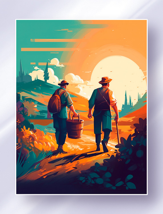 两个拿着工具的农民迎着太阳走在去农场劳作的路上