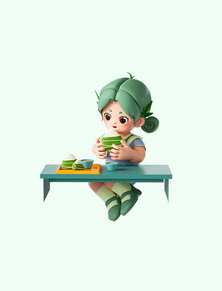 端午节3D立体女孩吃粽子
