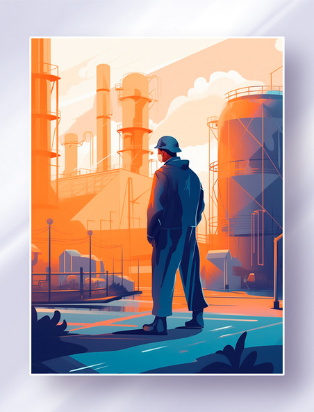 蓝橙色风格扁平插画工人戴着口罩站在工厂前面五一劳动节
