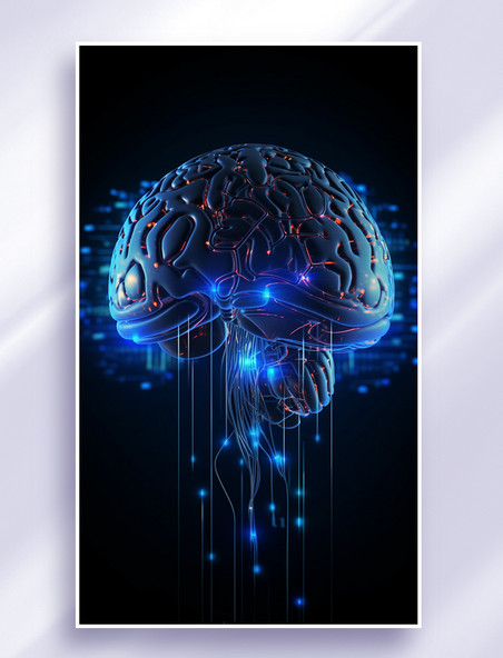3D立体科技风蓝色红色冷色赛博朋克人工智能芯片大脑传输信息