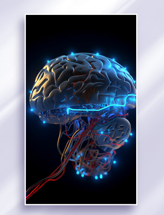 3D立体科技风蓝色赛博朋克人工智能信息传输芯片大脑红色电线