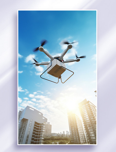 无人机在城市上空飞行快递送货科技智能家电