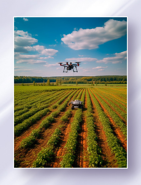 陆空协同无人机和农业机器人在田间进行作业