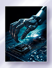 触摸芯片面板的白色科幻机器人手掌时机械手