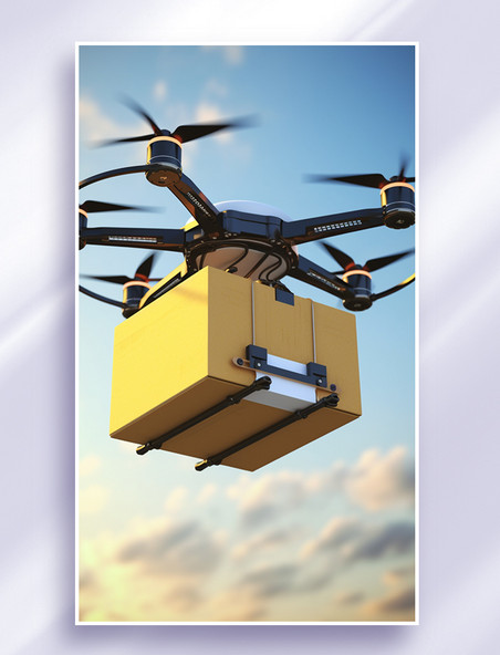 无人机在空中飞行快递送货黄色快递箱科技智能家电