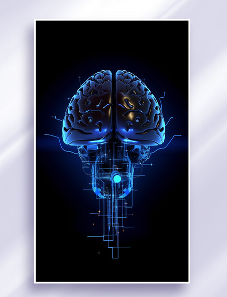 3D立体科技风蓝色冷色赛博朋克人工智能芯片组成大脑传输信息