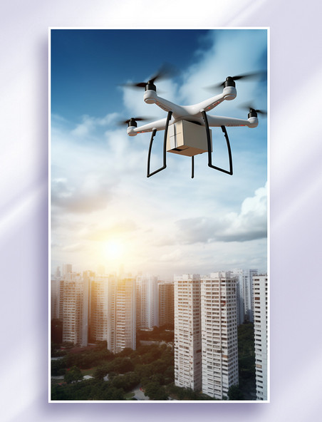 无人机在城市高楼建筑空中飞行快递送货科技智能家电