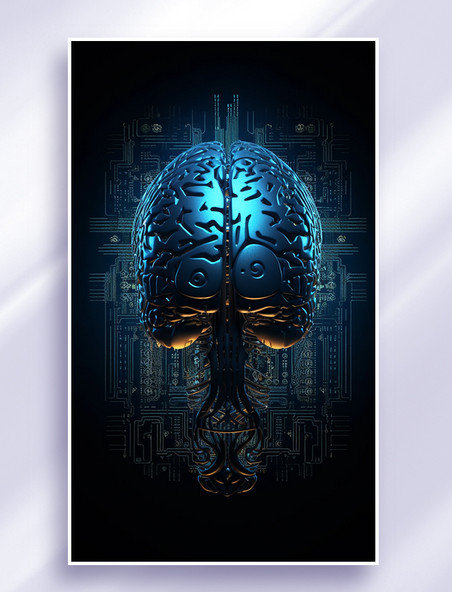 3D立体科技风蓝色冷色赛博朋克人工智能信息传输芯片大脑主板