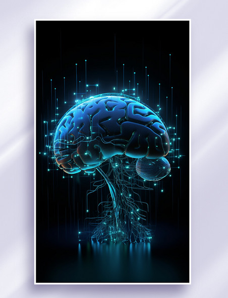 3D立体科技风蓝色冷色发光赛博朋克人工智能芯片组成大脑传输