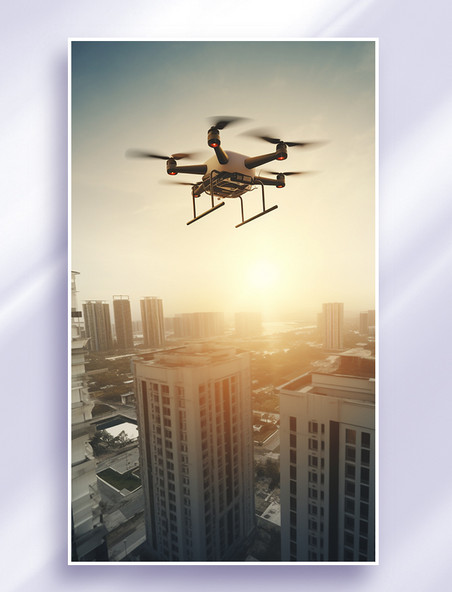 无人机在夕阳下城市高楼建筑空中飞行快递送货科技智能家电