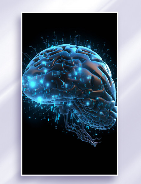 3D立体科技风蓝色冷色赛博朋克人工智能信息传输芯片大脑
