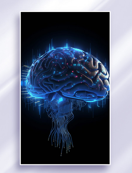 3D立体科技风蓝色冷色发光赛博朋克人工智能芯片大脑信息