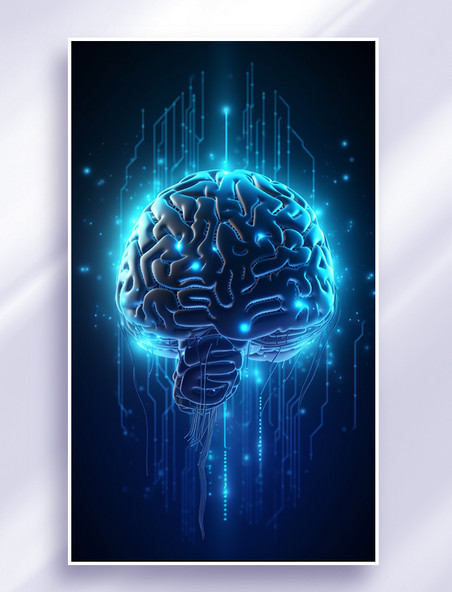 3D立体科技风蓝色冷色发光赛博朋克人工智能芯片大脑传输信息