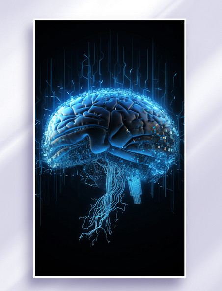 3D立体科技风蓝色冷色发光赛博朋克人工智能芯片大脑