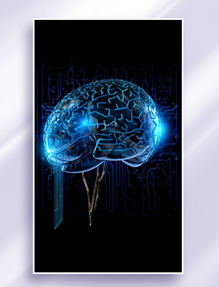 3D立体科技风蓝色冷色发光赛博朋克人工智能芯片组成大脑