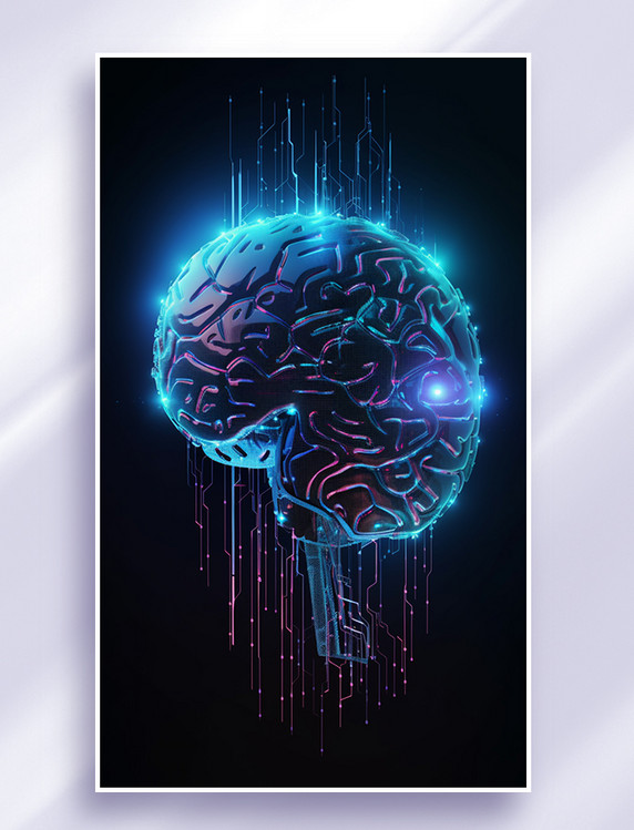 3D立体科技风蓝色冷色发光赛博朋克人工智能芯片组成大脑传输信息