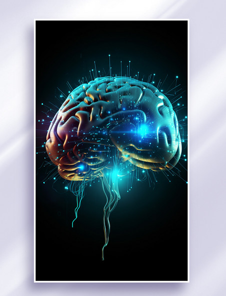 3D立体科技风蓝色红色冷色赛博朋克人工智能信息传输芯片大脑