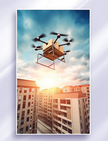 无人机在城市高楼建筑空中飞行快递送货快递箱科技智能家电