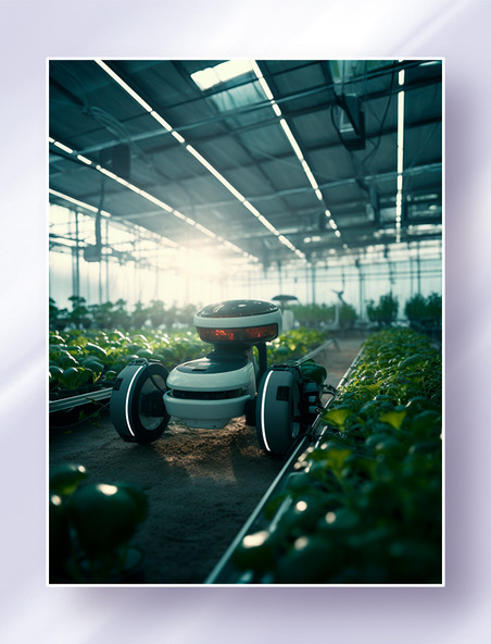 恒温温室大棚里负责检测播种采摘的智能农业机器人