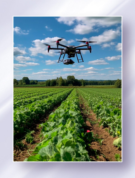 无人机飞在农田上进行作物监测智慧农业