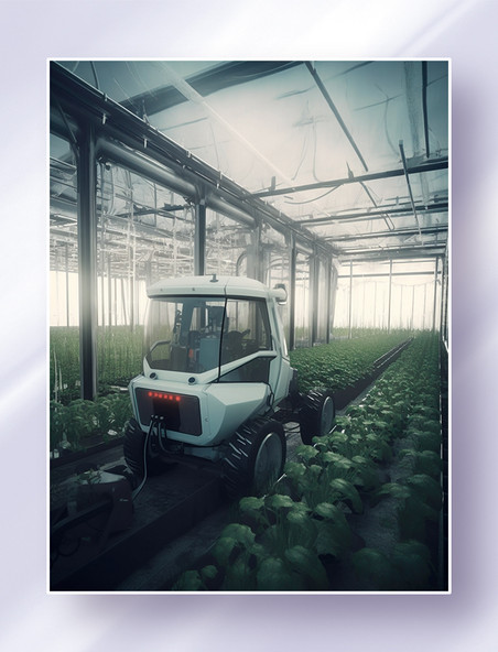 农业自动化种植收获无人机械车在温室里作业