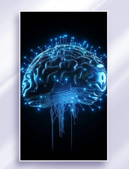 3D立体科技风蓝色冷色发光赛博朋克人工智能芯片大脑信息传输