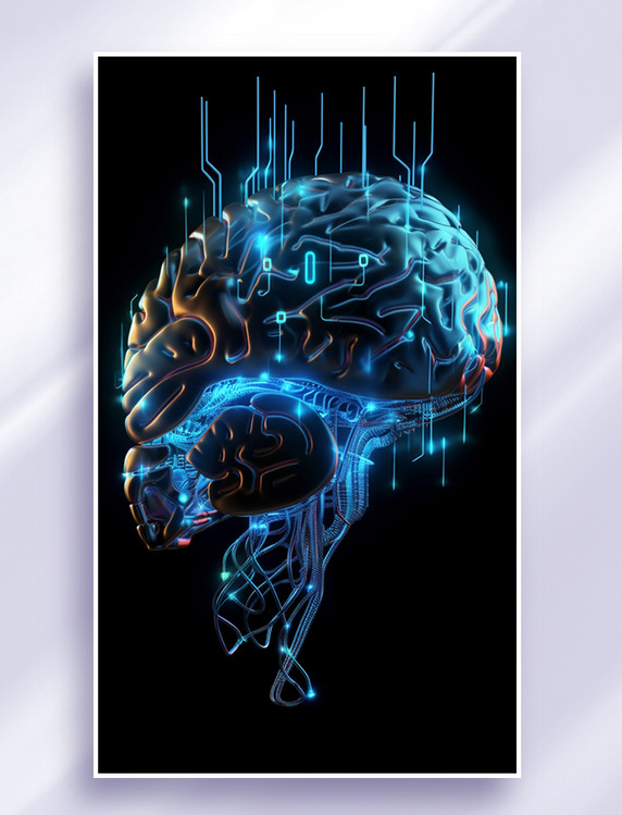 3D立体科技风蓝色赛博朋克人工智能信息传输芯片大脑