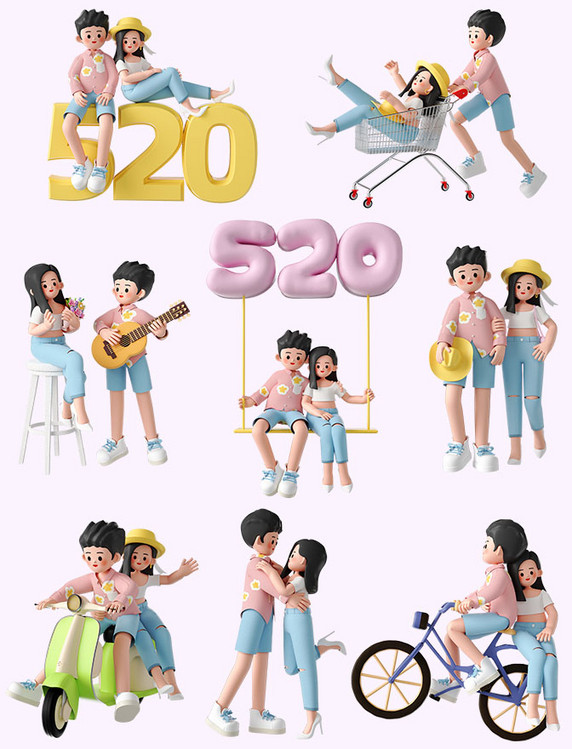 520情人节3D立体情侣人物度假风形象C4D套图