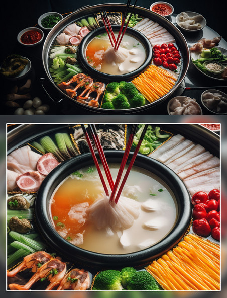 清汤锅火锅蔬菜肉类拼盘美食摄影