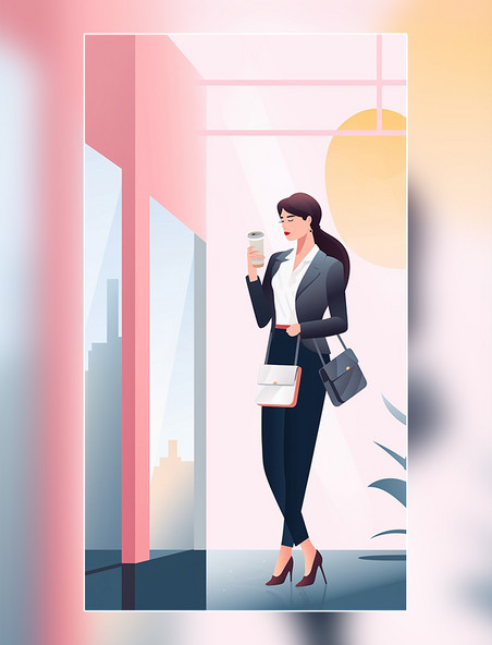 扁平风平面插图一个女生拿着咖啡在公司极简主义