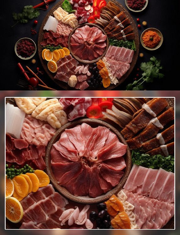 火锅肉类食物拼盘美食摄影中式美食火锅餐饮食品