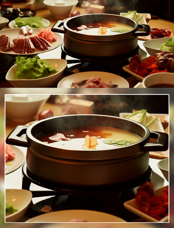 圆锅小火锅肉类蔬菜中式美食摄影餐饮食品餐饮食品