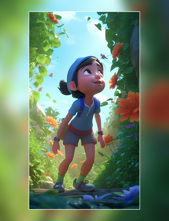 一个超级可爱的女孩春天绿色的植物盛开的花朵