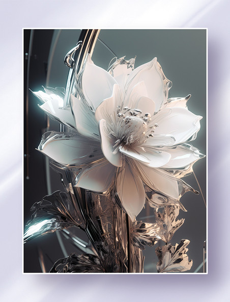 白色银色未来风概念金属玻璃数字花卉艺术