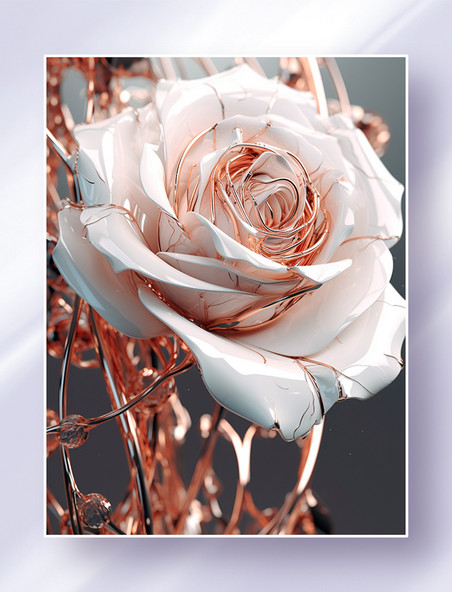白金色未来风概念金属琉璃玫瑰数字花卉艺术