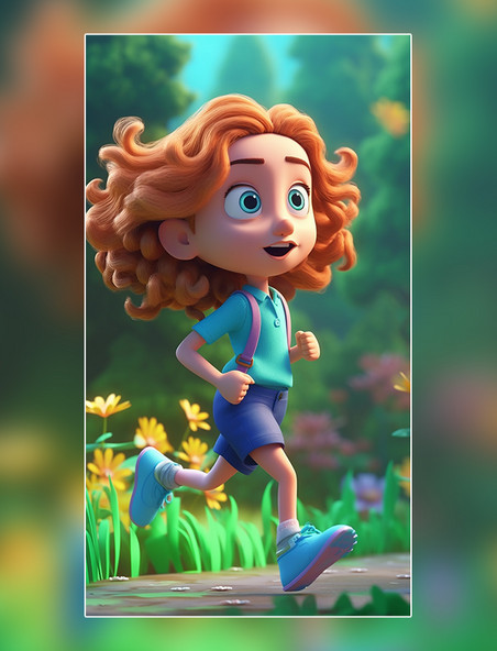 一个超级可爱的女孩在公园奔跑春天绿色的植物盛开的花朵