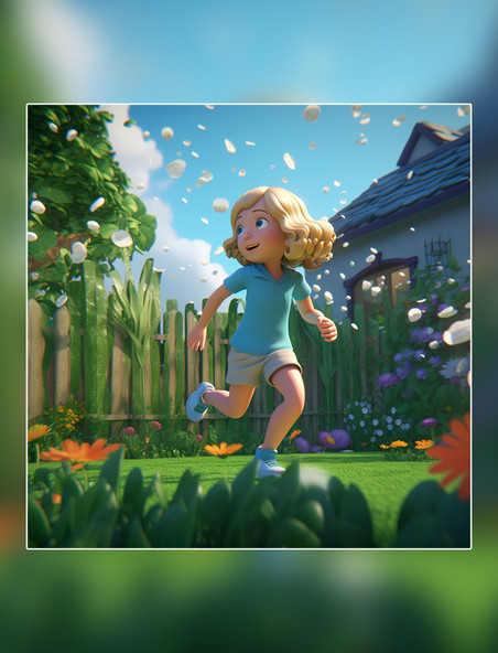 春天绿色的植物盛开的花朵一个超级可爱的女孩在跳舞