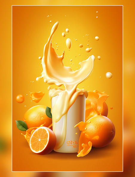 水果橙子牛奶海报几个橙子牛奶飞溅插图