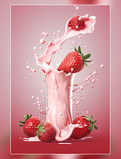 美味水果草莓牛奶海报几个草莓牛奶飞溅插图