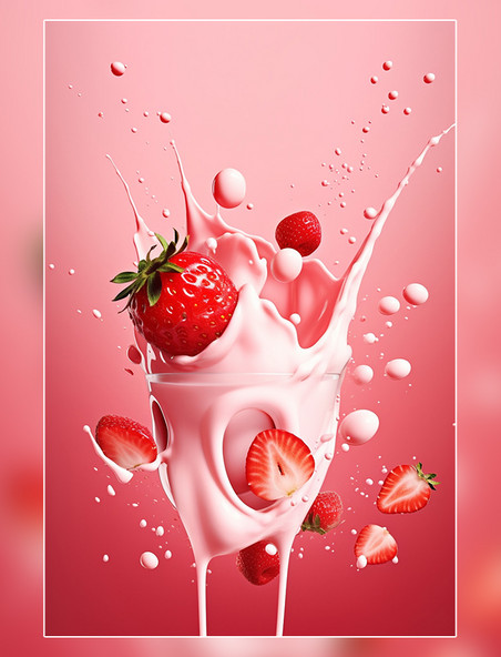 草莓水果牛奶海报几个草莓牛奶飞溅插图