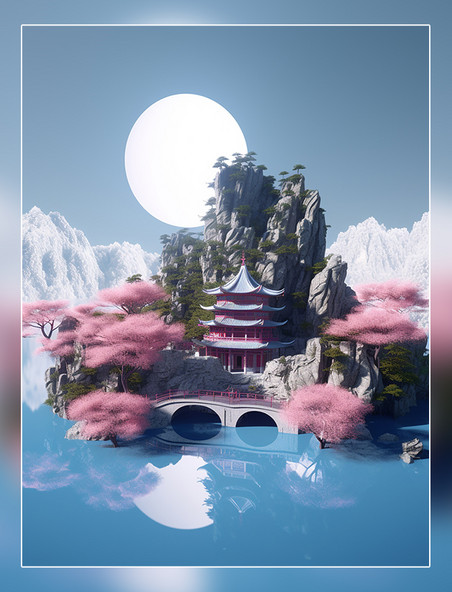 传统的中国建筑亭子在浮岛上瀑布大月亮东方景观现实主义