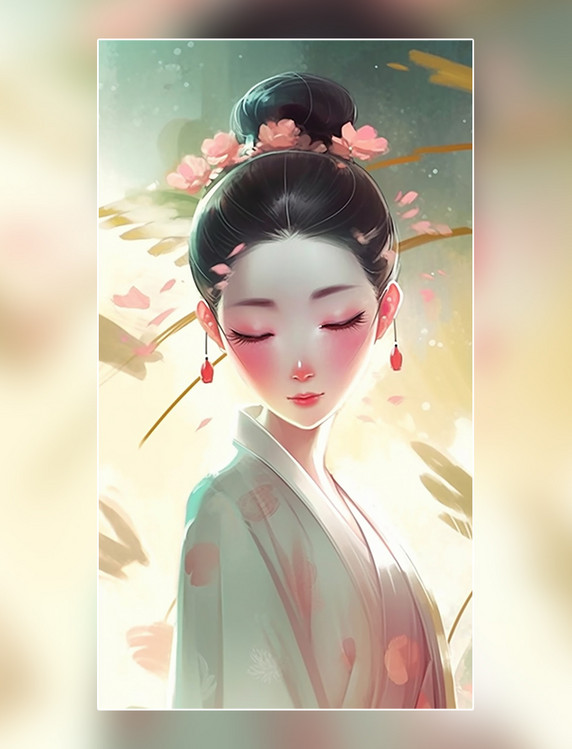 中国工笔风格粉红色温柔的抽象画一个美丽的中国仙女风格的竹林女孩古老的发髻
