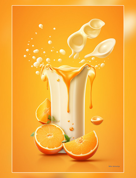 插图水果橙子牛奶海报几个橙子牛奶飞溅