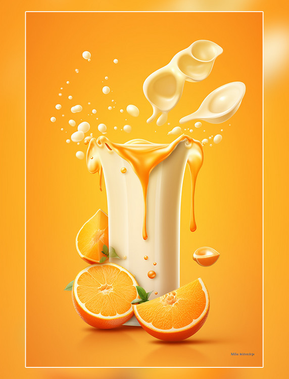 插图水果橙子牛奶海报几个橙子牛奶飞溅