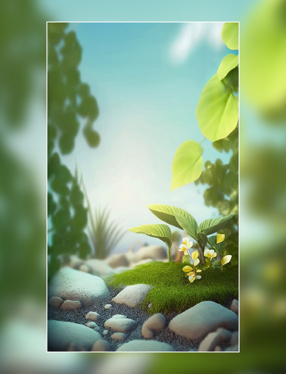 景物风景绿叶石头场景产品摄影背景春天春季化妆品产品展示